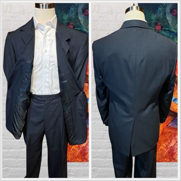 Hart Schaffner Marx 44L 37x32 Solid Navy Blue Nailhead Quality 2 Piece Suit - Picture 5 of 16